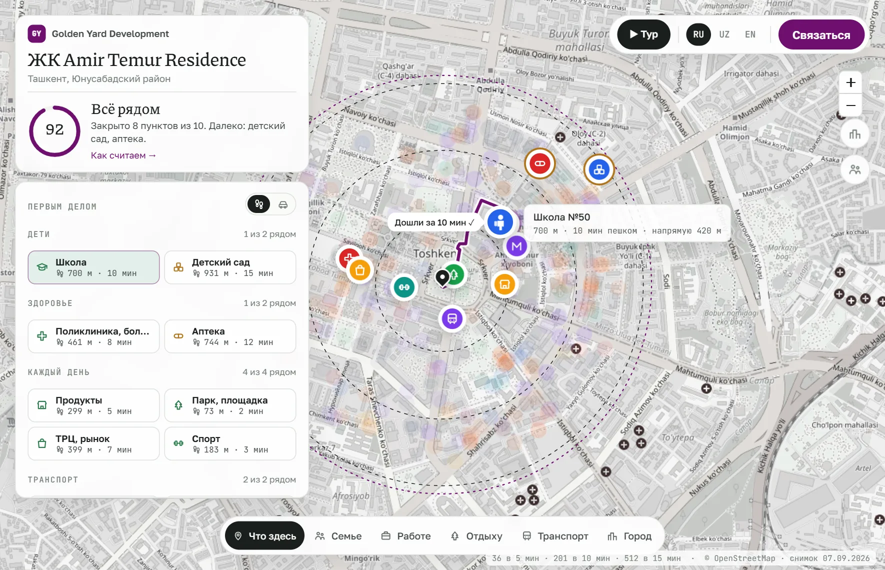 Витрина ЖК Amir Temur Residence: балл окружения, маршрут до школы и карта района